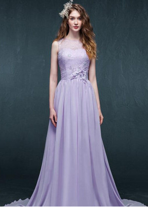 Lilac Chiffon Keyhole Back Long Evening Dress
